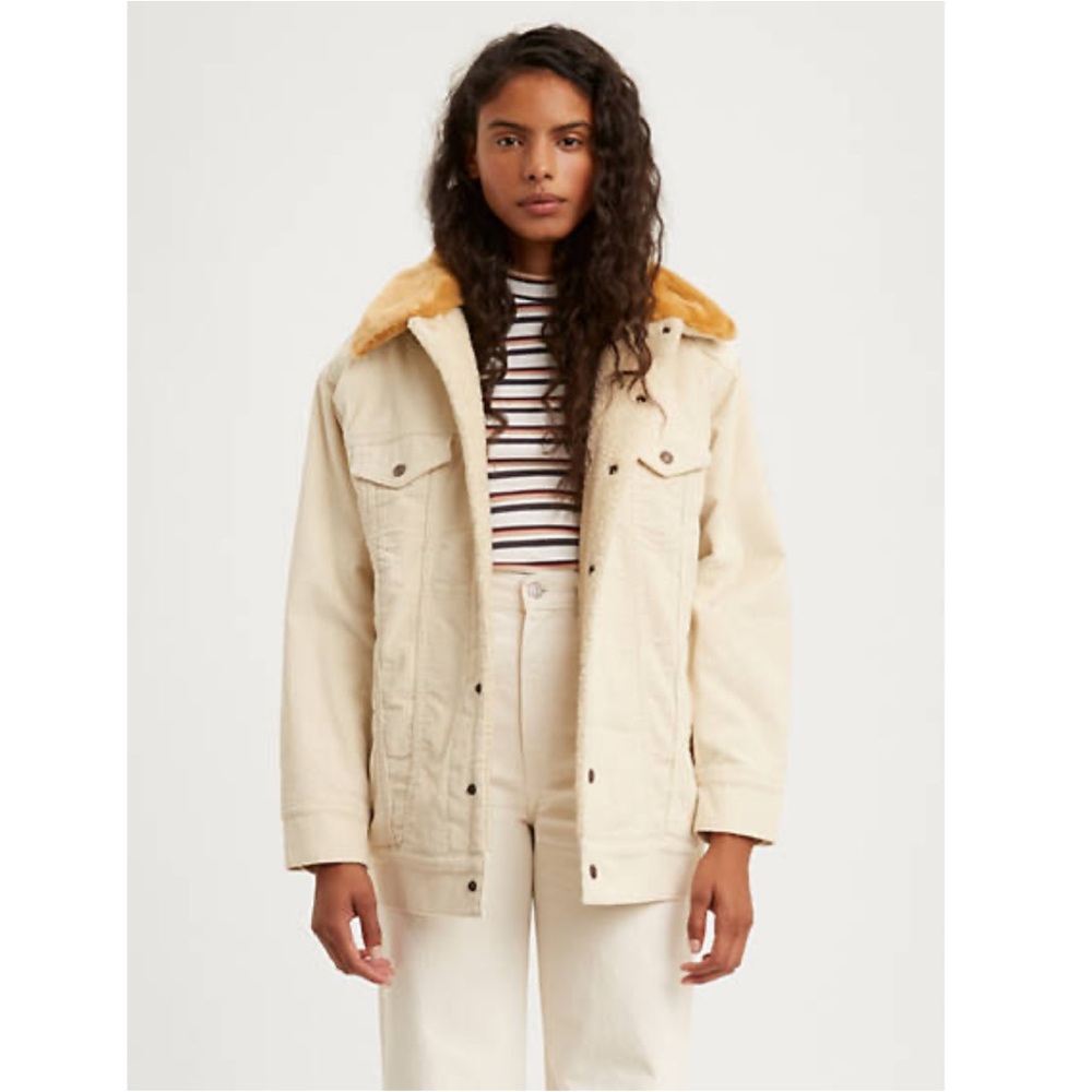 Oversized Corduroy Fur Trucker Jacket - Ecru Wide Wale - XS